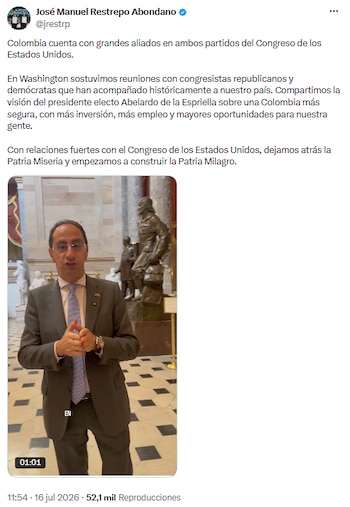 José Manuel Restrepo destacó respaldo bipartidista en el Congreso de Estados Unidos para fortalecer la relación con Colombia - crédito @jrestrp/X