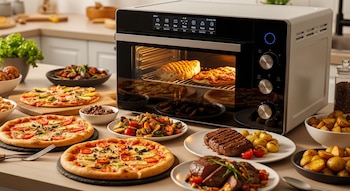Horno inteligente blanco y negro encendido en una cocina moderna, mostrando panes y pizzas dentro. Alrededor, platos con pizzas, carnes, vegetales y papas asadas.