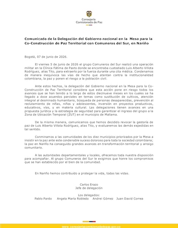La declaración oficial advierte sobre el impacto de la fuga en el avance de los acuerdos y reitera el acompañamiento a las comunidades afectadas. - crédito @ComisionadoPaz/X
