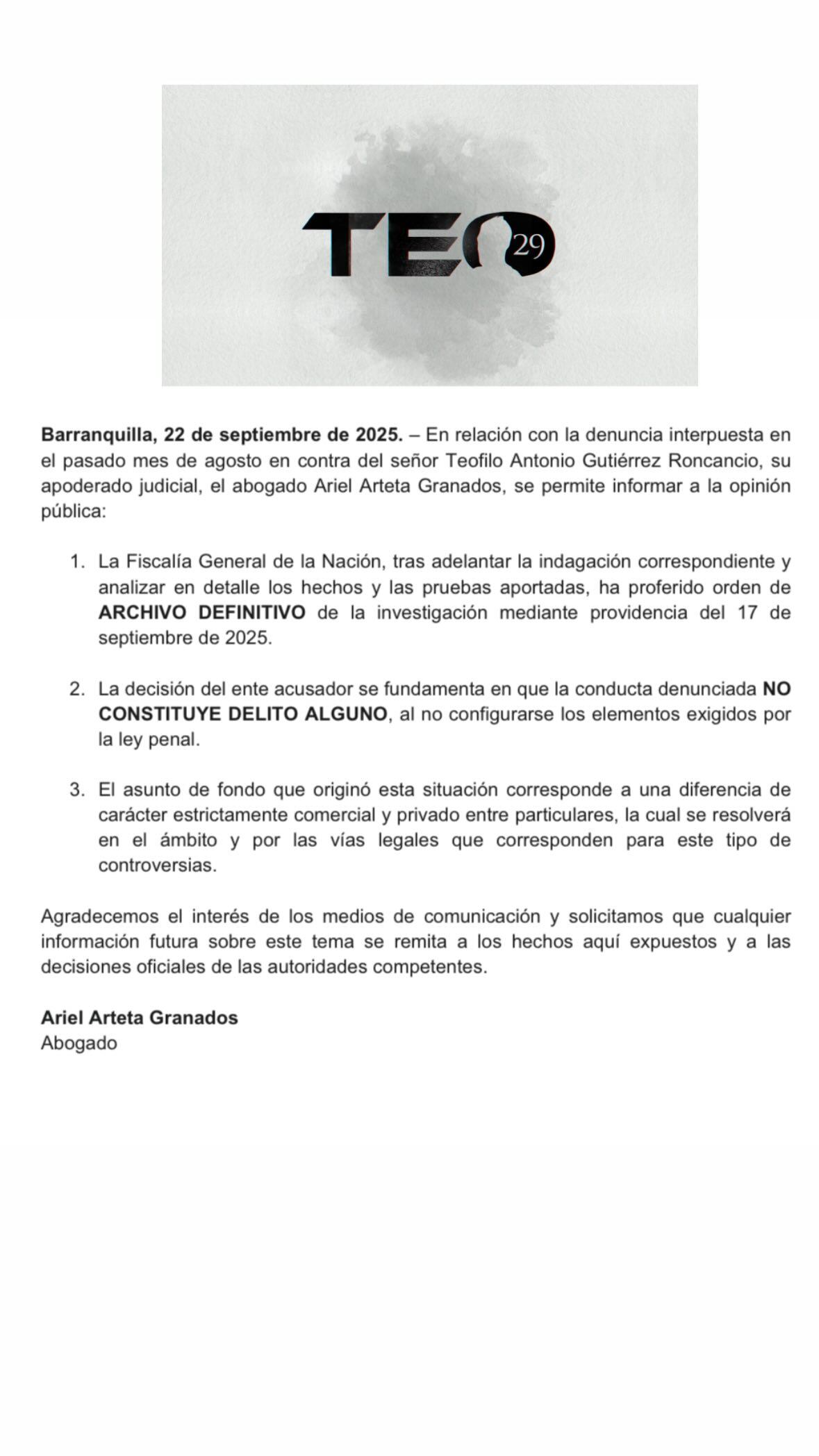 Comunicado del abogado de Teófilo Gutierrez - crédito Teófilo Gutiérrez