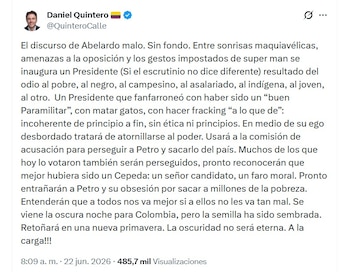 La revisión de los mensajes en redes sociales de Daniel Quintero permitirá determinar la fecha, origen y contenido de las publicaciones que hacen parte de la investigación - crédito @QuinteroCalle/X