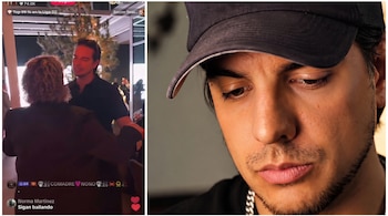 Captura de pantalla de transmisión en vivo con personas en un evento nocturno y texto, y un primer plano del rostro de un hombre con gorra oscura y barba.