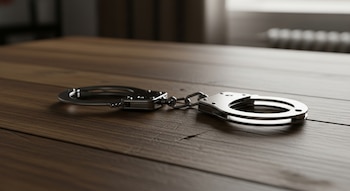 Un par de esposas metálicas plateadas descansa sobre una mesa de madera marrón con un fondo difuminado que incluye una ventana.