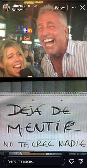 Captura de pantalla de historia de Instagram. Dos personas riendo con fondo urbano. Nota manuscrita en papel rayado: 'DEJA DE MENTIR NO TE CREE NADIE'