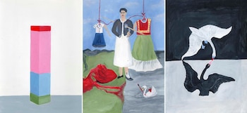 Tres pinturas al óleo. Izquierda: bloque de colores rojo, rosa, azul y verde. Centro: mujer entre vestidos colgantes, un cisne y forma roja. Derecha: cisne blanco y su reflejo negro