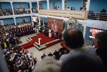 Encuentro con sacerdotes, religiosos y religiosas, seminaristas de las circunscripciones eclesiásticas del norte de Perú. (Facebook: Papa Francisco en el Perú)