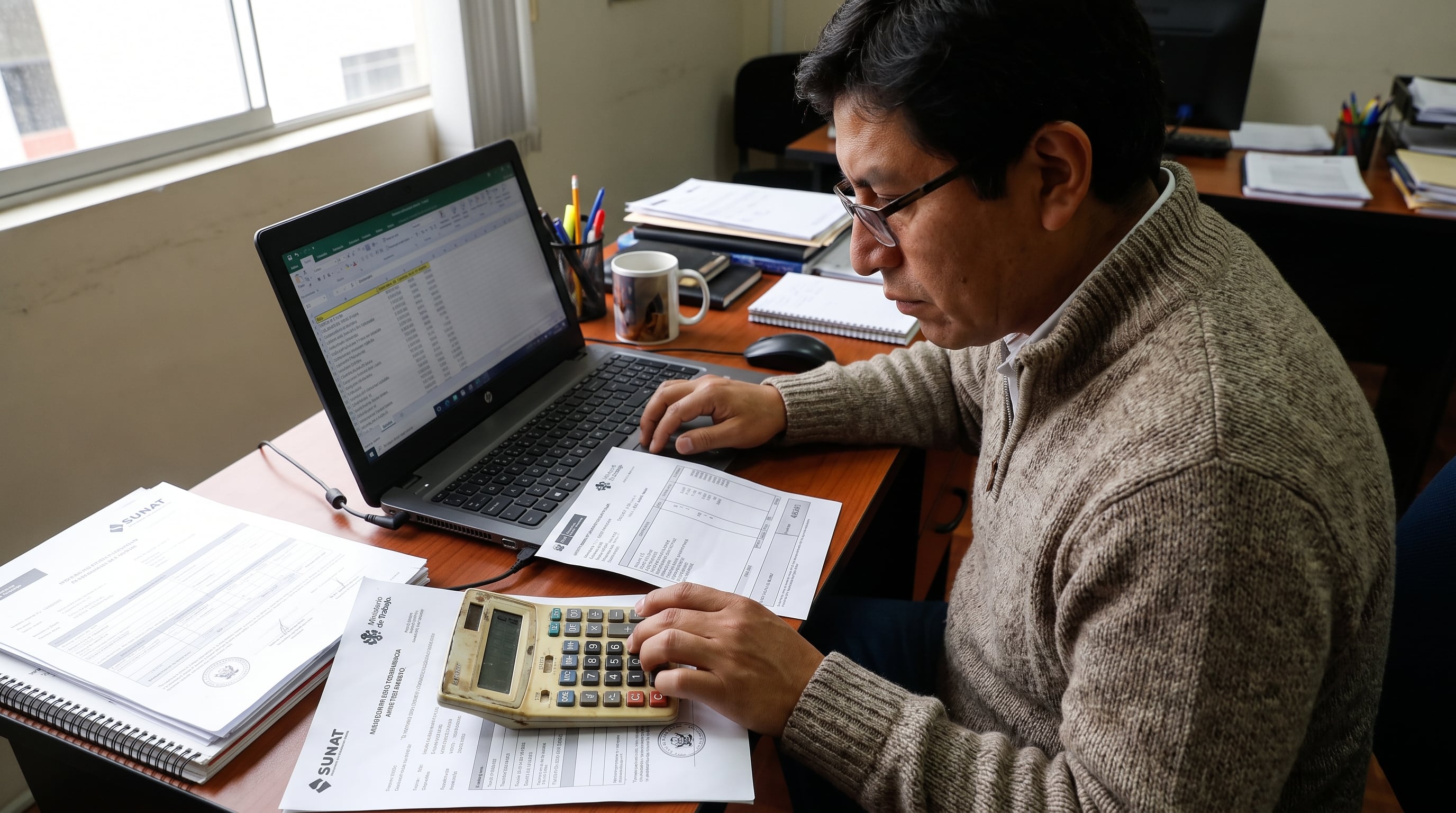 Un hombre con anteojos calcula su remuneración en una oficina utilizando una laptop y una calculadora, junto a documentos laborales peruanos. (Imagen Ilustrativa Infobae)