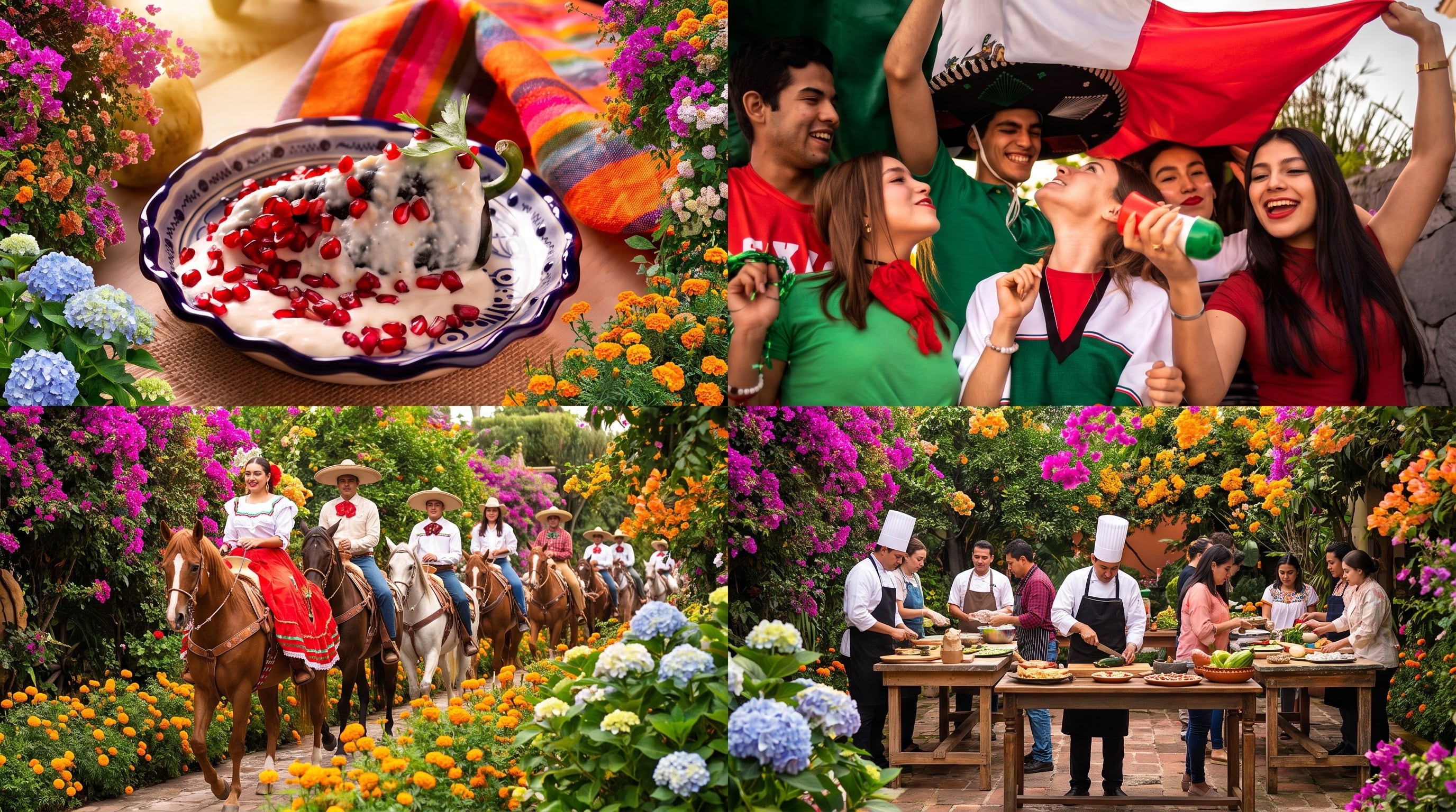 Un mosaico fotográfico reúne la gastronomía tradicional mexicana, celebraciones populares, una cabalgata a caballo y un taller culinario al aire libre. (Imagen Ilustrativa Infobae)