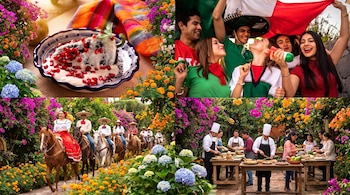 Cuatro fotografías muestran un chile en nogada, jóvenes con la bandera de México, una cabalgata tradicional y personas en un taller de cocina.