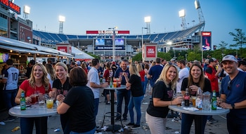 Vista amplia de personas socializando y bebiendo en un bar al aire libre, con un gran estadio de fútbol iluminado al fondo bajo un cielo azul.