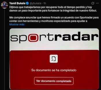 El presidente del INDES, Yamil Bukele, anunció en redes sociales la firma del convenio con Sportradar (Foto cortesía Yamil Bukele).