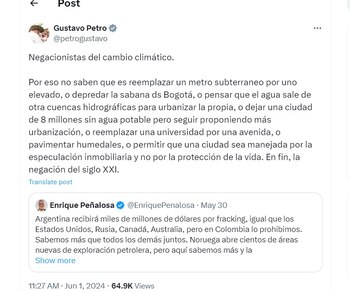 Gustavo Petro llama negacionista del cambio climático a Enrique Peñalosa - crédito @petrogustavo