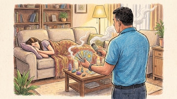 Ilustración de un hombre de espaldas realizando un ritual de limpieza con sahumerio y tarot, frente a una mujer dormida en un sofá, con velas y cristales en una mesa.