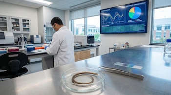 Muestra de cabello en plato Petri y pinzas en mesa de laboratorio. Un técnico con bata trabaja, mientras una pantalla muestra ritmos circadianos, cronotipos y secuencias genéticas.