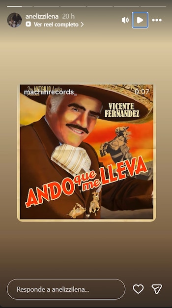 Captura de pantalla de una historia de Instagram. Se ve la imagen de portada de la canción "Ando que me lleva" de Vicente Fernández con su retrato
