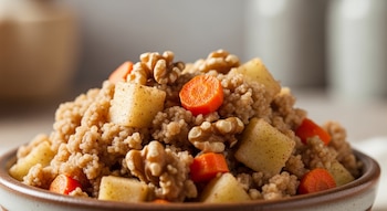 Primer plano de budín de avena, manzana y zanahoria. Se ven trozos cuadrados de manzana, rodajas de zanahoria naranja y nueces enteras sobre el budín.