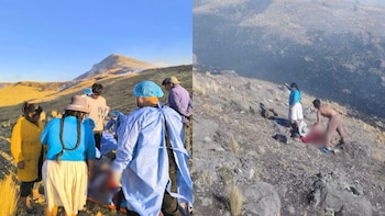 Fotografía compuesta de personal médico y pobladores asistiendo a heridos en una montaña con humo en el fondo