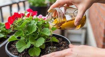 Primer plano de manos vertiendo líquido ámbar de una jarra de vidrio sobre la tierra de una maceta negra con una planta de geranios rojos y verdes, en un balcón.