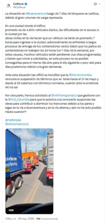 La publicación de Colfecar se difundió el viernes 29 de mayo de 2026 - crédito @Colfecar/X