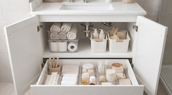 Un gabinete de baño blanco y su cajón abierto muestran toallas, papel higiénico, cepillos de dientes y productos de cuidado personal organizados en contenedores transparentes y cestas blancas.
