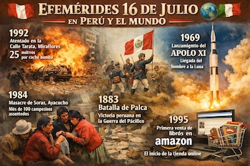 Infografía de efemérides del 16 de julio con bandera de Perú, explosión de coche, soldados, personas en duelo, cohete espacial y logo de Amazon con libros.