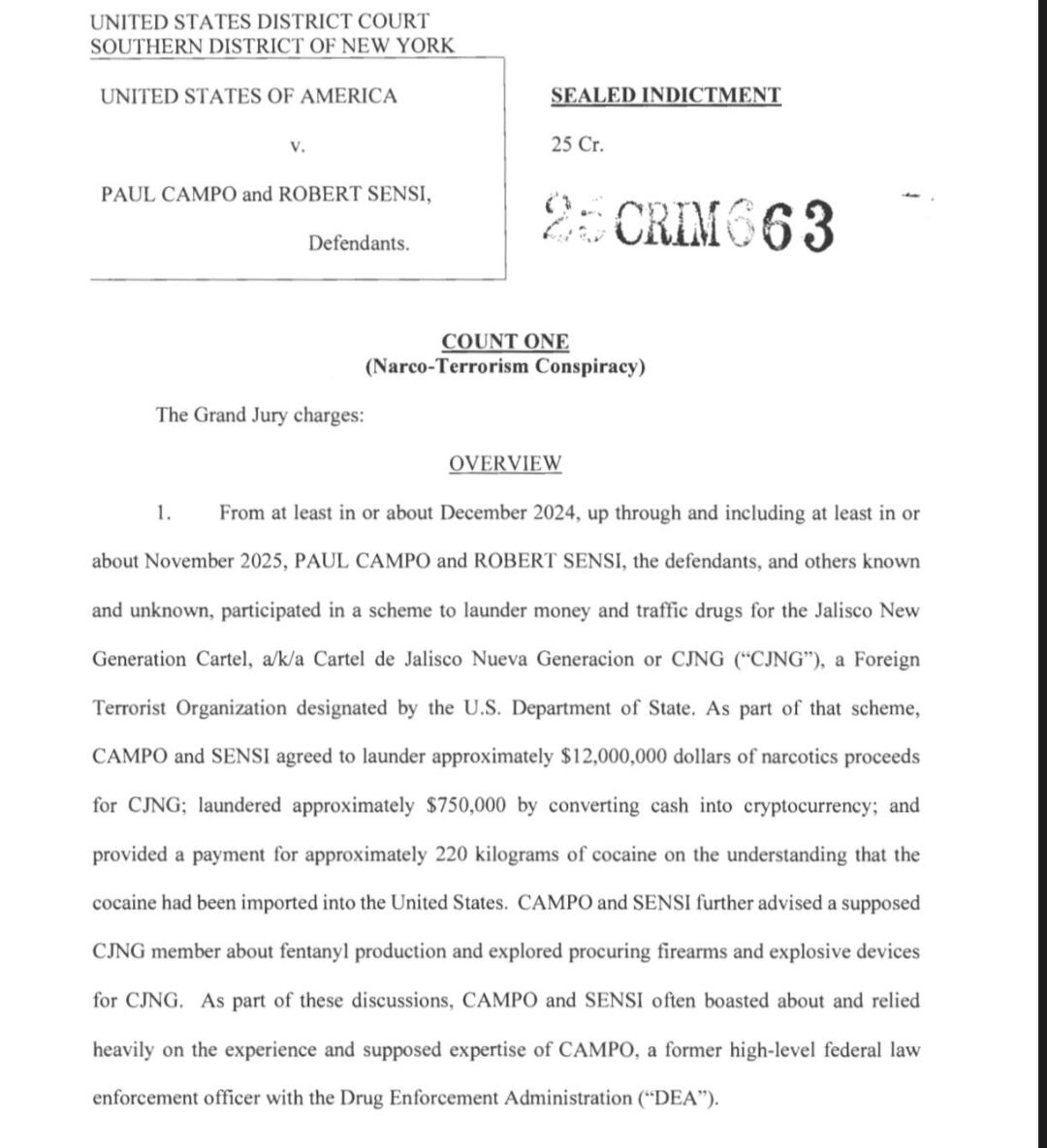 La acusación de la Corte del Distrito Sur de Nueva York apunta cuatro principales delitos contra Paul Campo y Robert Sensi: narcoterrorismo, terrorismo, tráfico de drogas y lavado de dinero | Especial