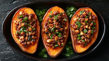 Boniato asado relleno de verduras.