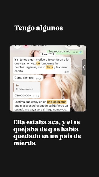 Pantalla de teléfono móvil con chats de WhatsApp del 1 de marzo de 2024 sobre imagen parcial de mujer rubia. Texto superpuesto blanco en fondo negro