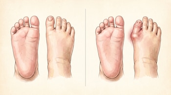 Ilustración de cuatro pies de bebé sobre fondo crema. Dos pies normales (planta y dorso) a la izquierda, dos pies con malformación en el dedo gordo a la derecha.