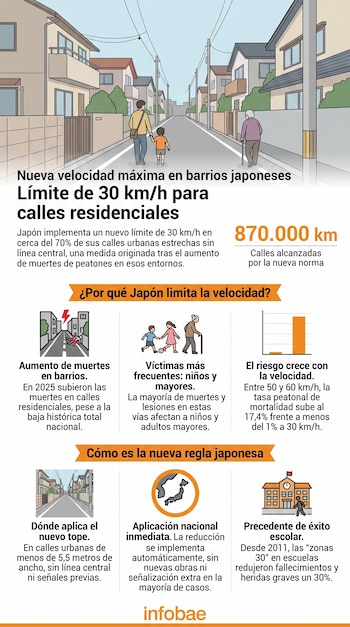 Infografía con ilustraciones de calles japonesas, gráficos y texto sobre la nueva regulación de velocidad a 30 km/h en Japón.