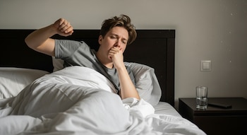 Joven sentado en la cama, con la mano en la boca, cubierto por sábanas blancas, junto a una mesita con vaso de agua.