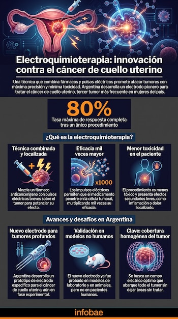 Infografía con útero, jeringa, tumor, células, cuerpo humano, un electrodo, una placa Petri, un ratón y texto explicativo sobre el tratamiento.