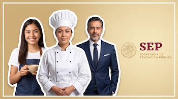 Tres personas, una barista, una chef y un empresario, con bordes blancos. Al fondo, un logo de SEP con el escudo nacional y Secretaría de Educación Pública.