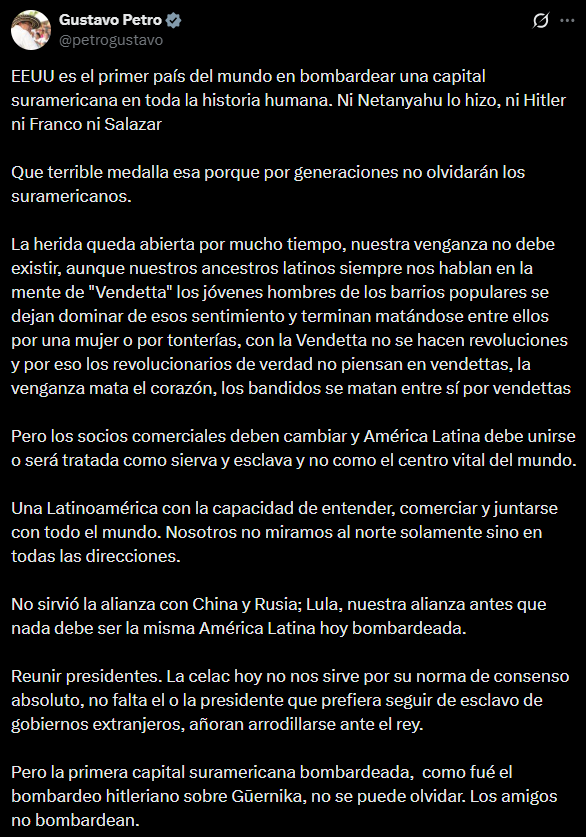 El mandatario utilizó sus redes sociales para rechazar la lógica de la venganza y llamar a la unidad de América Latina tras la intervención en Caracas. - crédito @petrogustavo/X