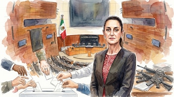 Ilustración acuarela de Claudia Sheinbaum al frente, con el Congreso mexicano detrás. Manos votando en una urna y armas junto a documentos. Bandera de México visible.