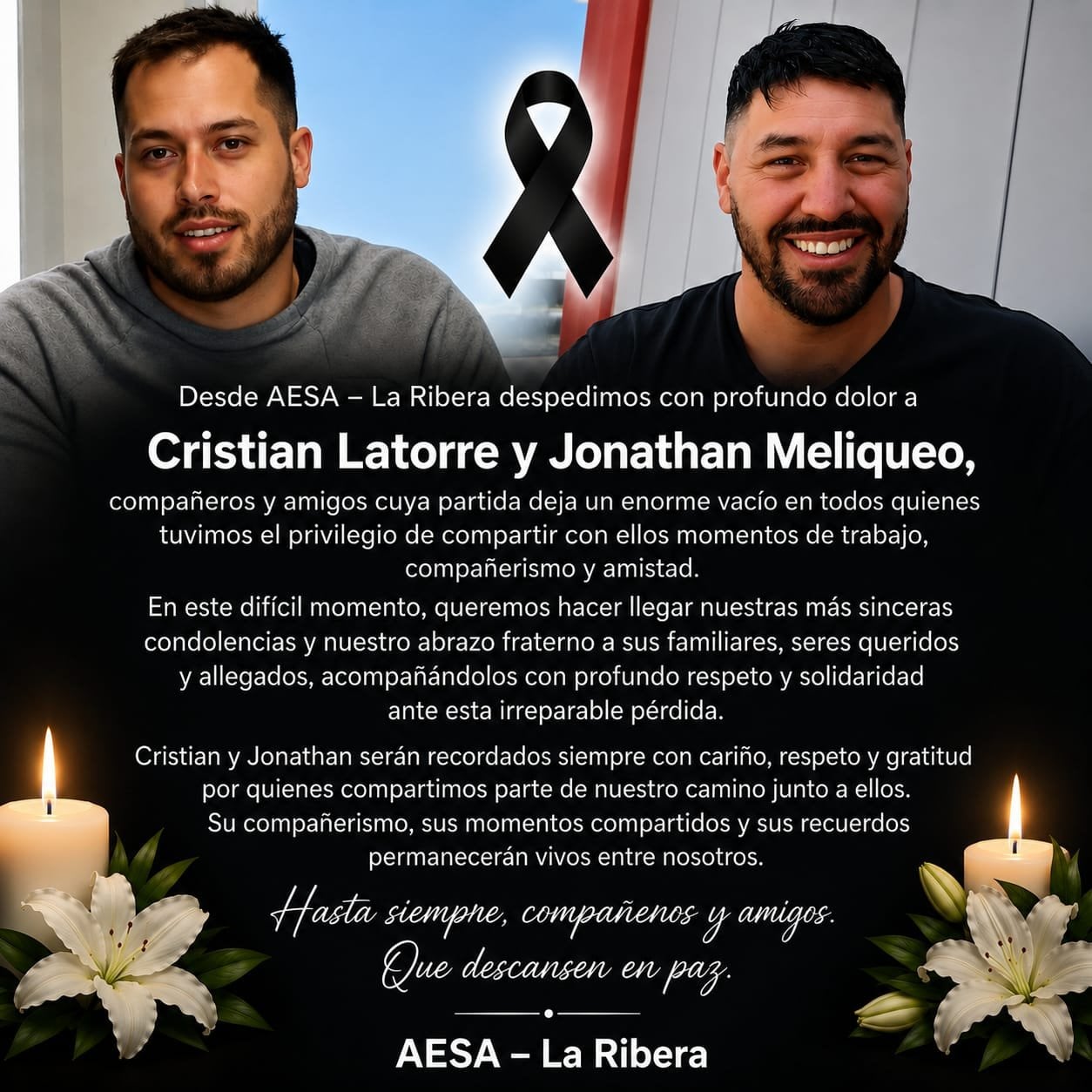 La empresa en donde trabajaban los operarios dejaron sus condolencias por el fallecimiento de sus colaboradores Cristian Latorre y Jonathan Meliqueo (Vacamuerta.ar)