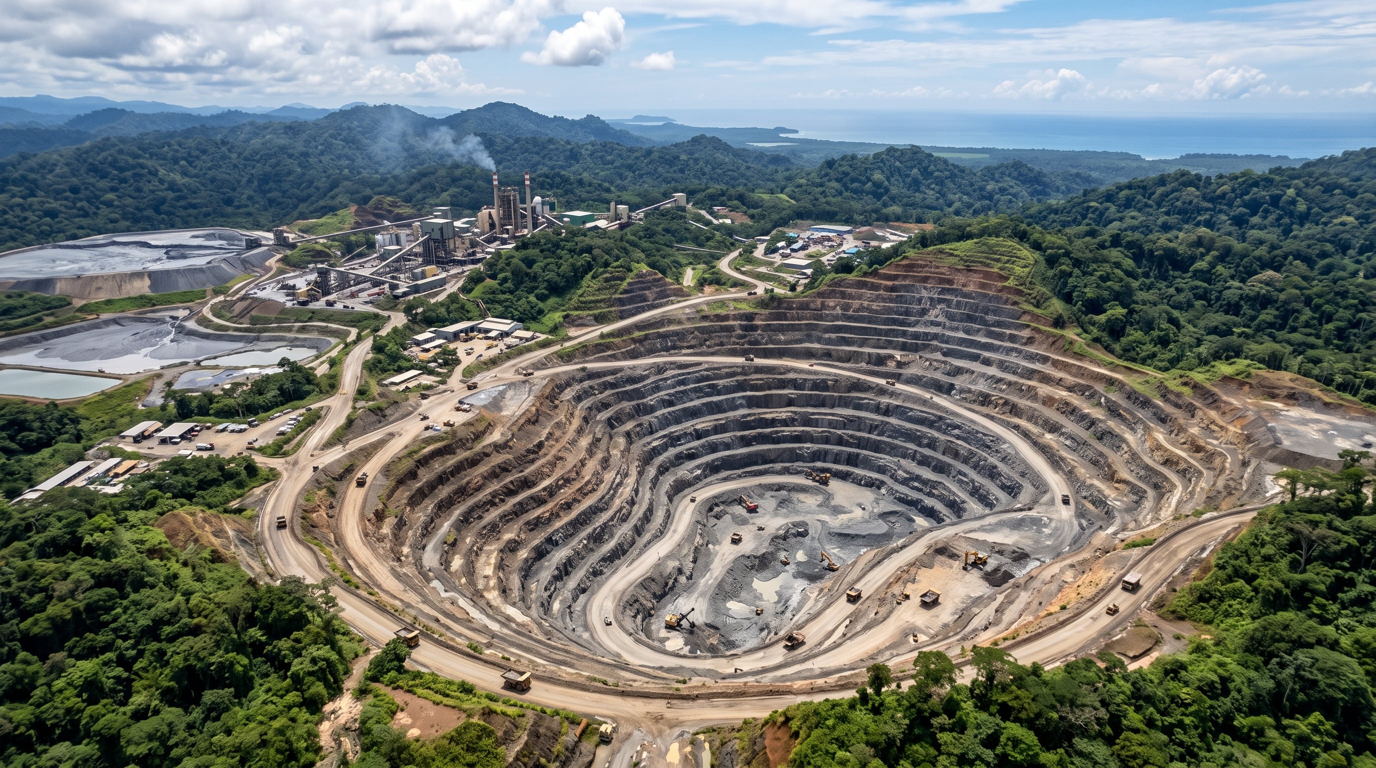 La mina de cobre a cielo abierto en Donoso, provincia de Colón, se extiende junto a la vegetación tropical y la costa en Panamá. (Imagen Ilustrativa Infobae)