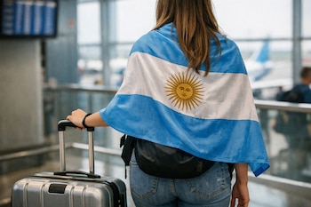 Mujer de espalda con bandera de Argentina sobre los hombros, viste pantalón de mezclilla azul, fanny pack negro y tira de una valija plateada en un aeropuerto.