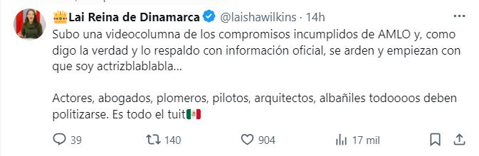 Laisha Wilkins denunció los ataques en la red social X. (@laishawilkins)