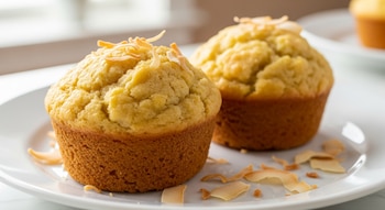 Primer plano de dos muffins dorados de piña y coco, con coco rallado espolvoreado, servidos en un plato blanco sobre una superficie clara.