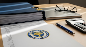 Mesa con documentos de préstamos estudiantiles, logo del Departamento de Educación de Estados Unidos, bolígrafo, calculadora y lentes.