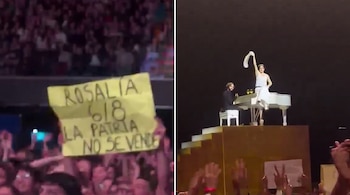 Collage de dos imágenes: una multitud con un cartel "Rosalía 6-8 la patria no se vende", y Rosalía vestida de blanco en un piano sobre un escenario.