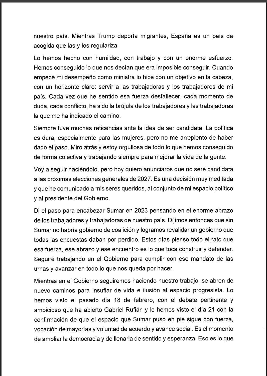 Carta de renuncia como candidata a las elecciones generales de 2027 de Yolanda Díaz