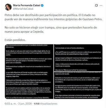 Cabal aseguró que Petro participó de manera indebida en política y pidió que lo destituyan - crédito @MariaFdaCabal/X