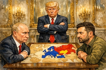 Caricatura: Putin y Zelensky sentados frente a un mapa con Rusia (rojo) y Ucrania (amarillo), con Trump de pie detrás, en sala palaciega con adornos dorados.