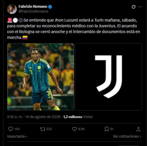 El defensor firmará su contrato como nuevo jugador de la Juventus-crédito @FabrizioRomano/X