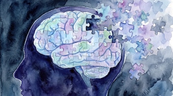 Acuarela de una silueta de cabeza de perfil con un cerebro formado por piezas de rompecabezas que se desprenden hacia el fondo.