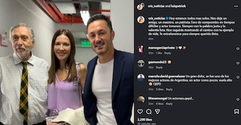 Captura de pantalla de un post de Instagram. En la foto principal, un hombre mayor, una mujer y un hombre más joven sonríen. Se ven comentarios y el texto de la publicación