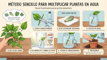 Infografía muestra un método de 7 pasos para multiplicar plantas en agua, con ilustraciones de hojas, tijeras, vasos con agua y una planta enraizada.