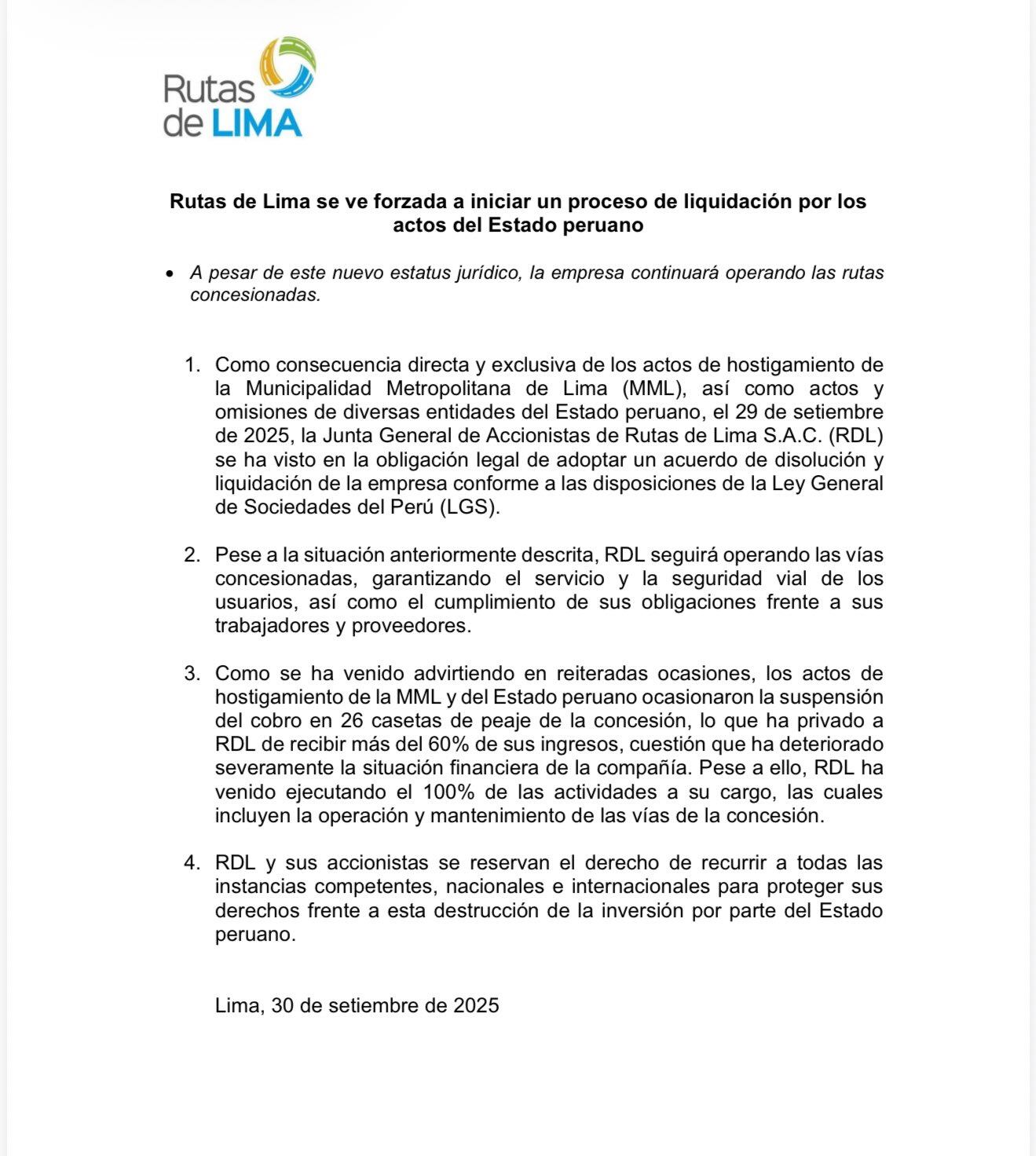 La decisión fue adoptada por la Junta de Accionistas, tras advertir múltiples veces sobre violaciones contractuales y la falta de seguridad jurídica para las inversiones